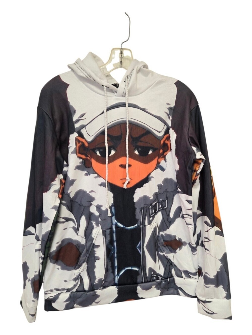 Mens Graphic Anime Character Hoodie in White, Black, Orange